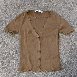 Mango Brown Ribbed Button-Down Shirt